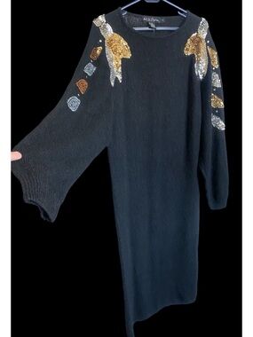 Vintage Silk/Angora Long Black Knit Dress Sequin Application Size 14/16